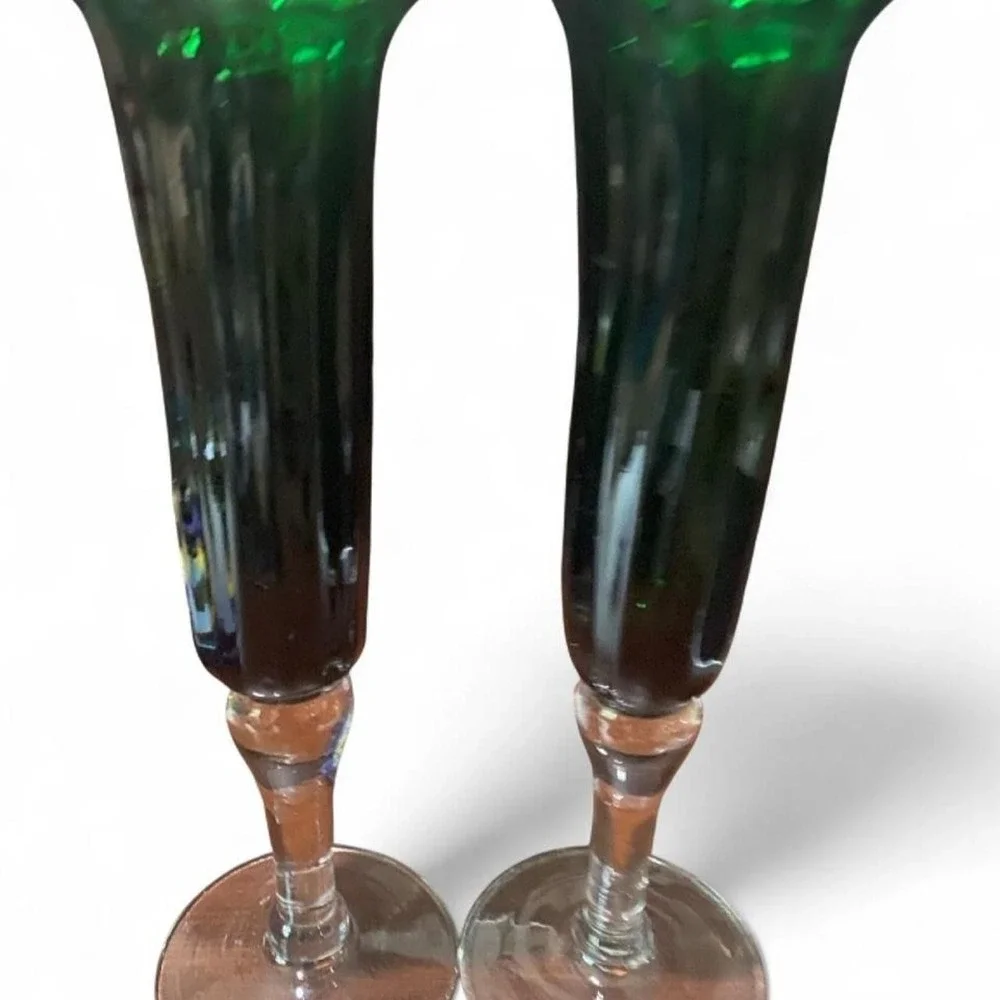 Emerald green glass flute set